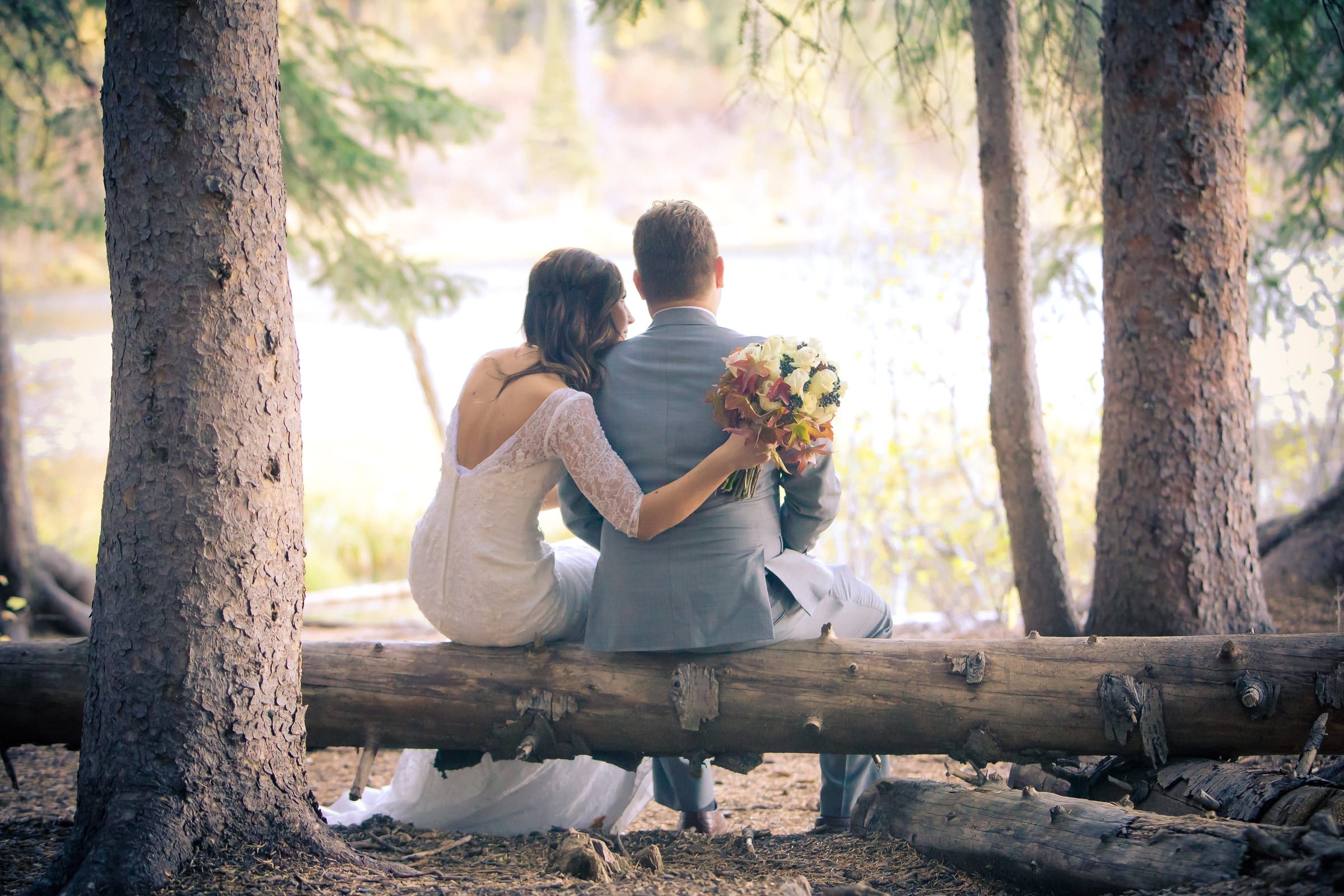 Bride and groom sitting close on a fallen log in a sunlit forest