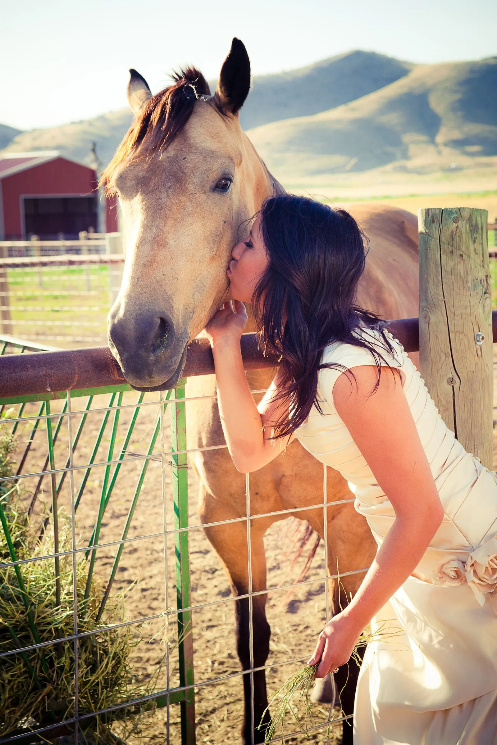 Bride leaning on a wooden fence beside a white horse, mountains in the distance