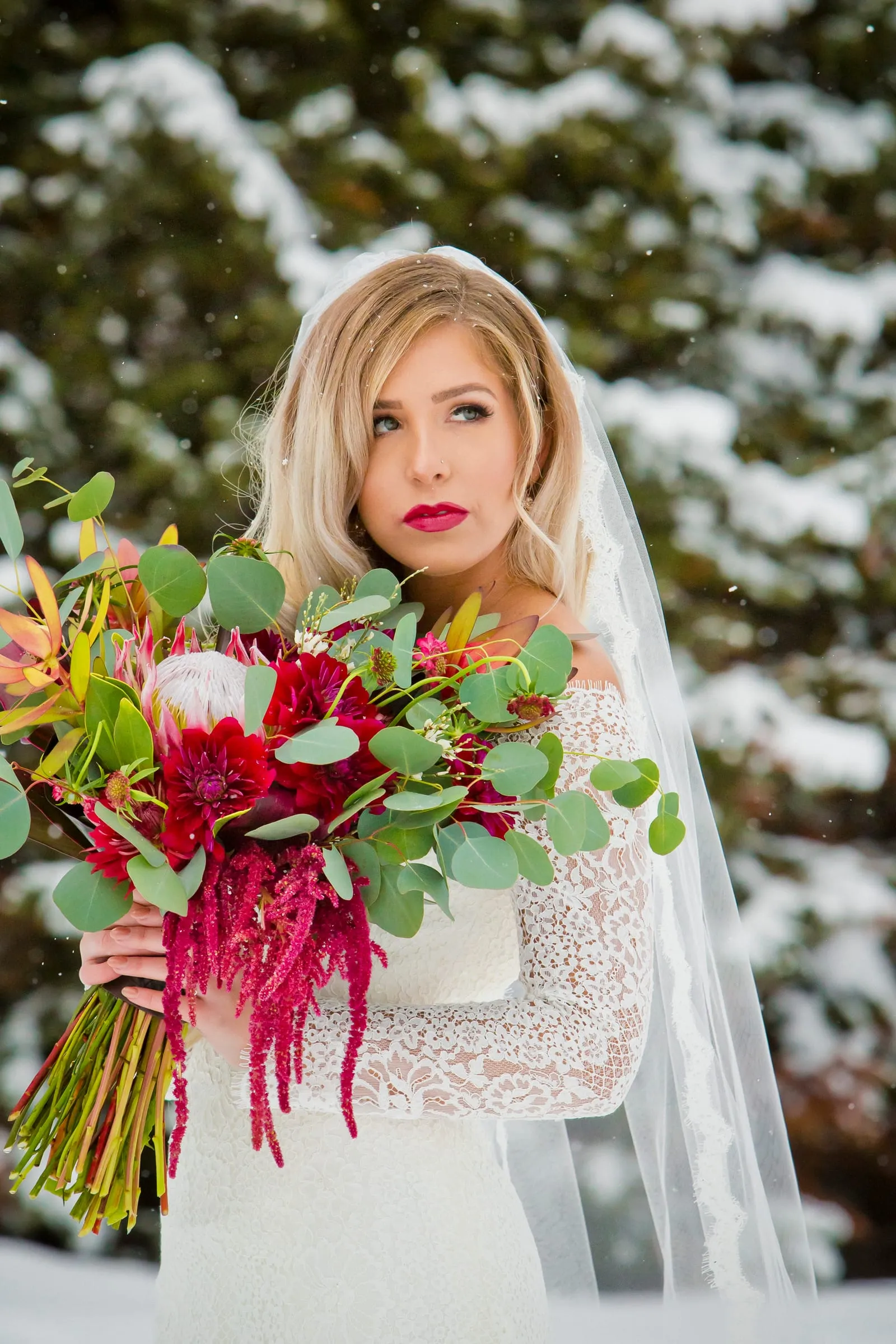 Close portrait of a winter bride with a red and green bouquet among snowy pines