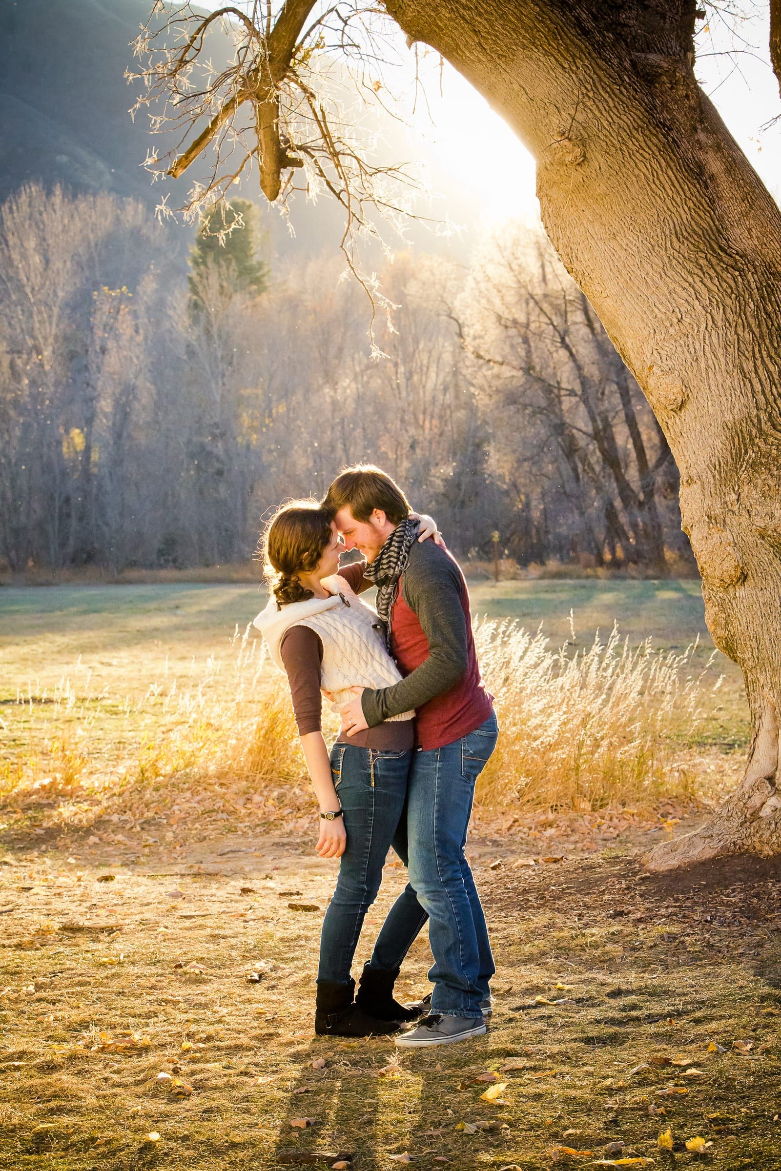 Couple embracing in a sunlit autumn field