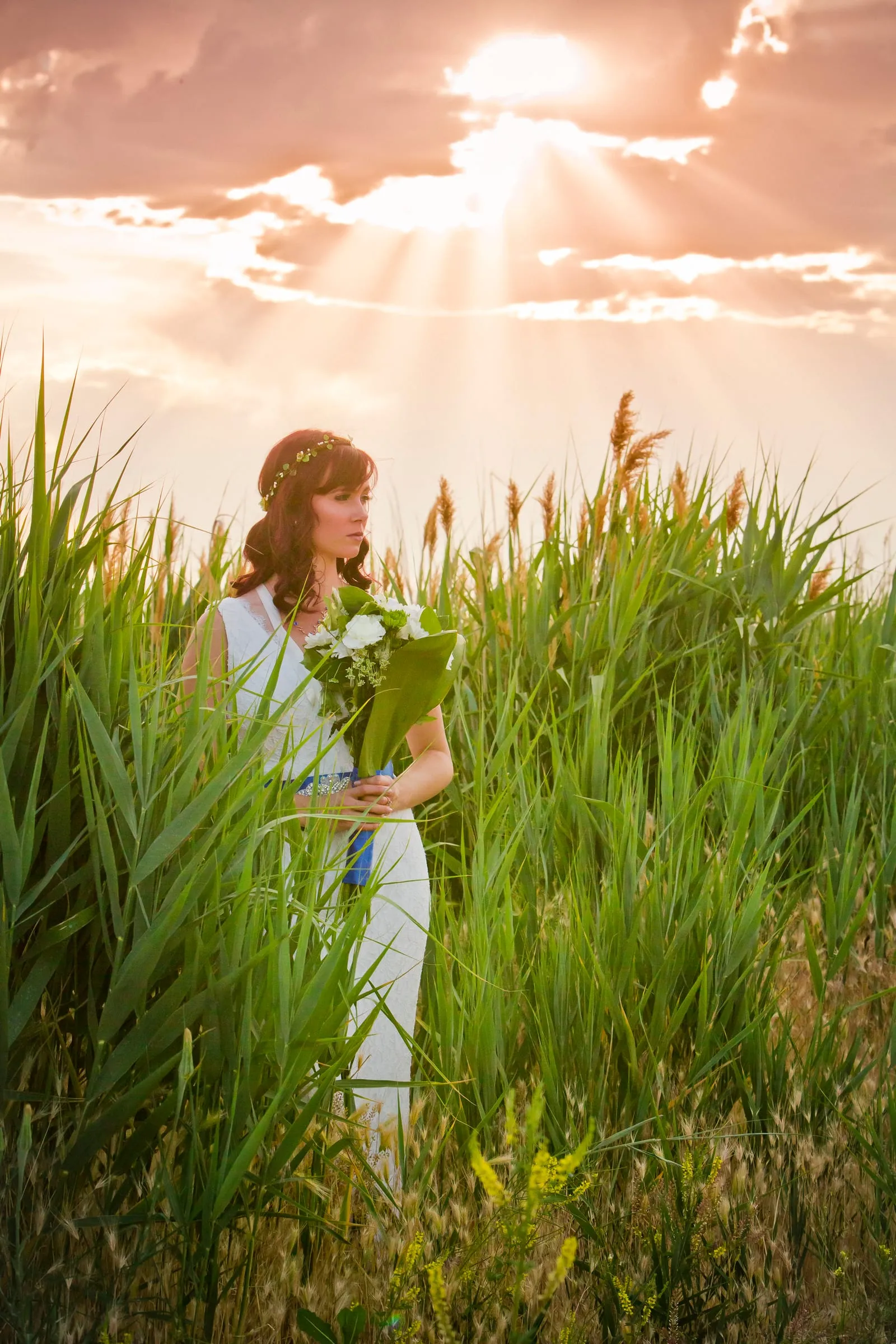 Bride standing in tall grass as rays of sunlight break through the clouds